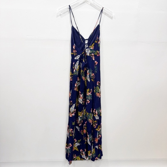 Aqua Tropical Print Maxi Dress Front Slit Open Back Small - Picture 4 of 10